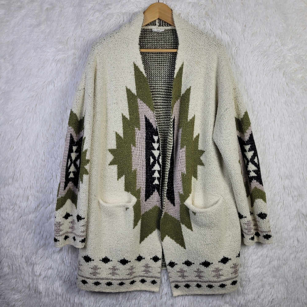 Med Unicorn Tribe Cream Green Oversized Open Duster Cardigan Southwestern‎ Aztec